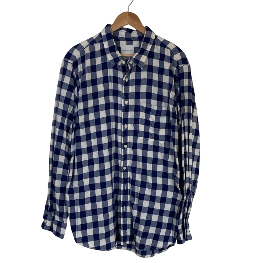 American Eagle Mens Blue White Check Button Up Flannel Shirt Size XLT Super Soft